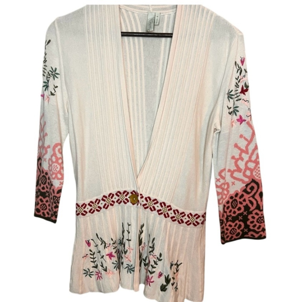 Sahalie Boutique‎ 1 Button Embroidered Floral Cardigan Sweater Cream Women Small